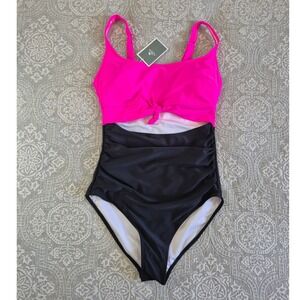 Eomenie Womens One Piece Swimsuit Neon Pink Black Cutout Ruched Size M